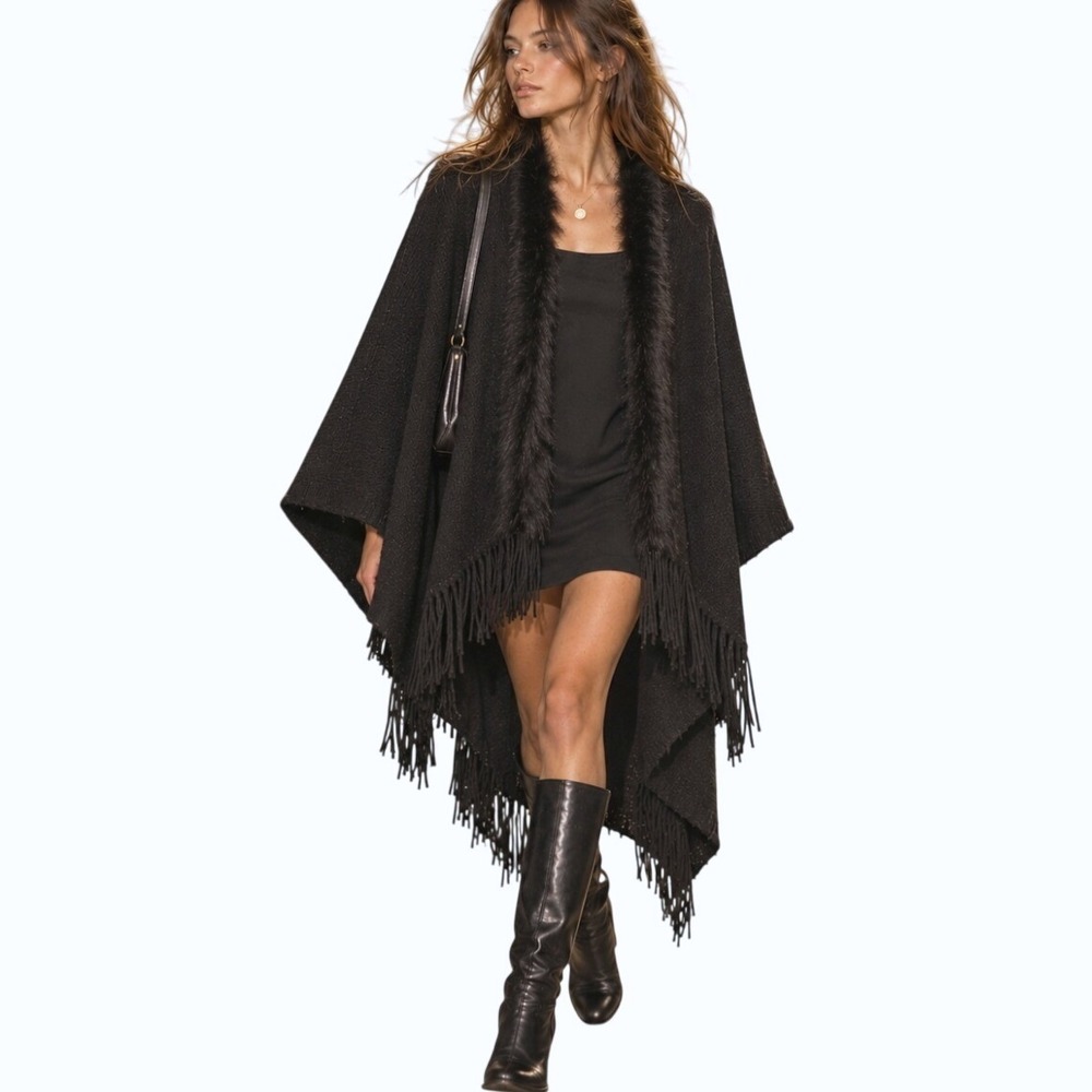 Wrap Shawl Real Rabbit Fur Trim Fringe Black Poncho Winter Minimalist Goth 90s